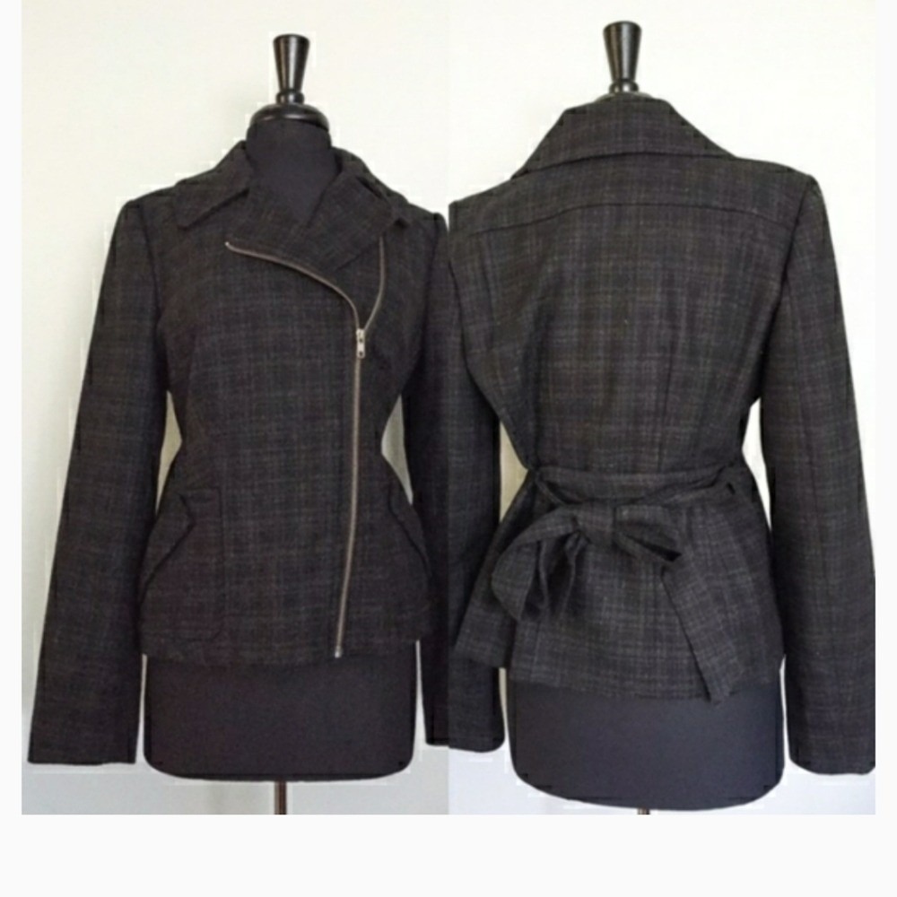 Halogen moto style wool blend coat plated belted plaid size XS gray blazer